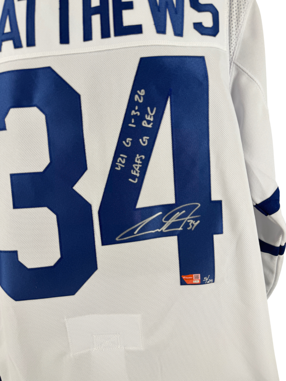 Auston Matthews Signed Autographed Inscribed5/25 Leafs Authentic Jersey Fanatics