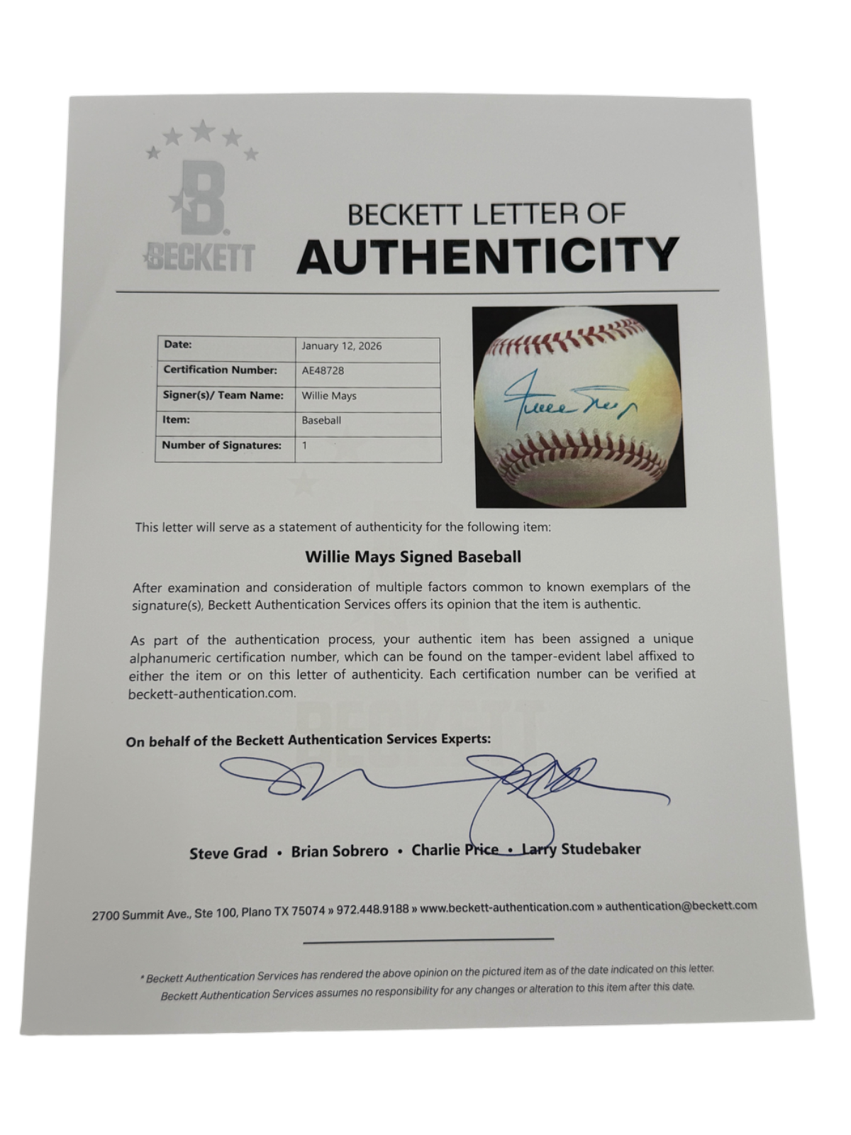 Willie Mays Signed Autographed Baseball BAS COA