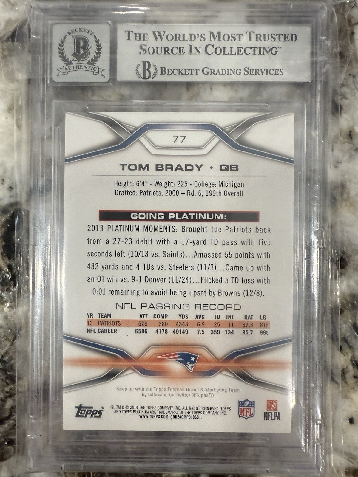 Tom Brady Signed Autographed 2014 Topps Platinum On Card Beckett / Fanatics COA