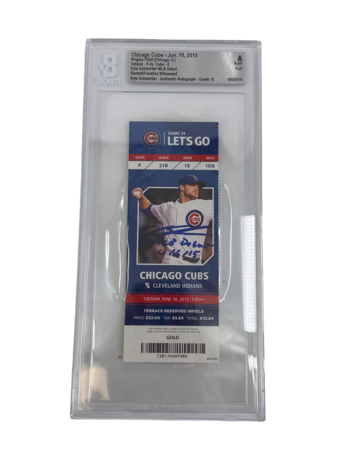 Kyle Schwarber Signed Autographed Cubs MLB Debut Ticket Fanatics/MLB Cert BAS 10