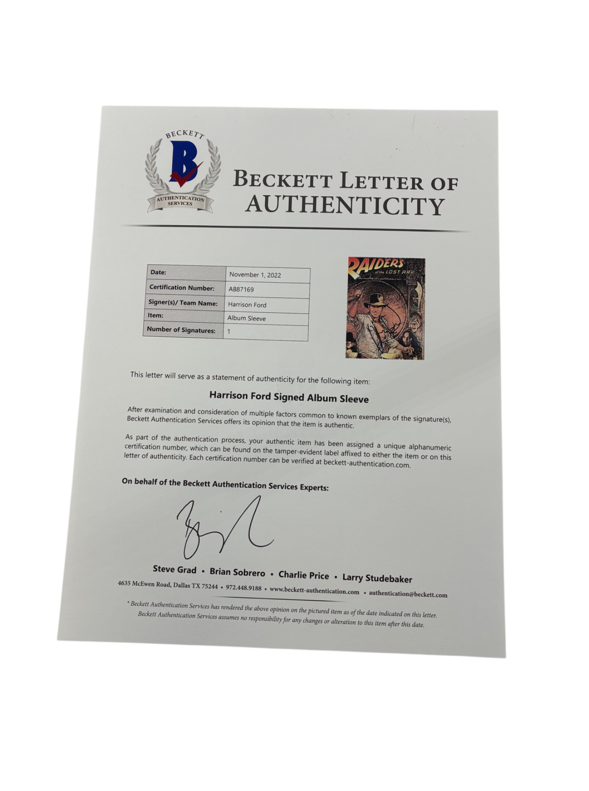 Harrison Ford Signed Autographed Raiders of the Lost Ark Signed Album Sleeve BAS