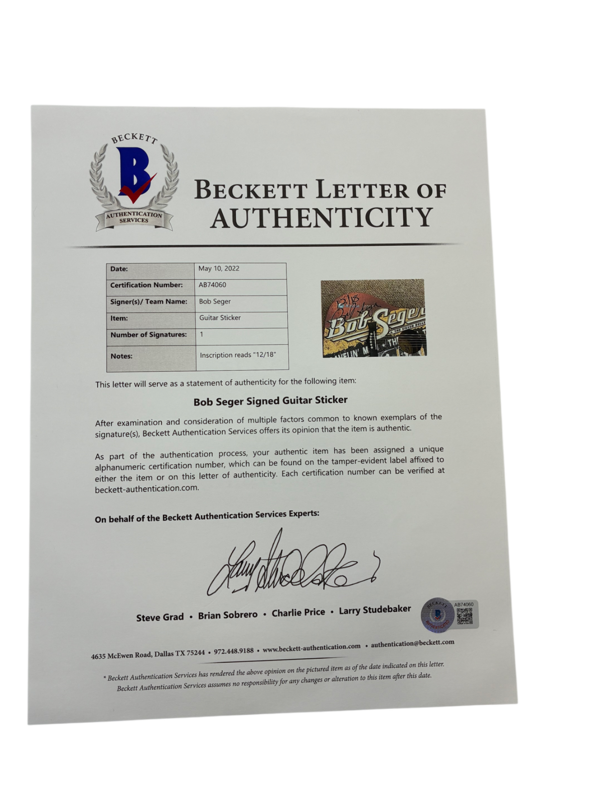 Bob Seger Signed Autographed Inscribed Guitar BAS COA