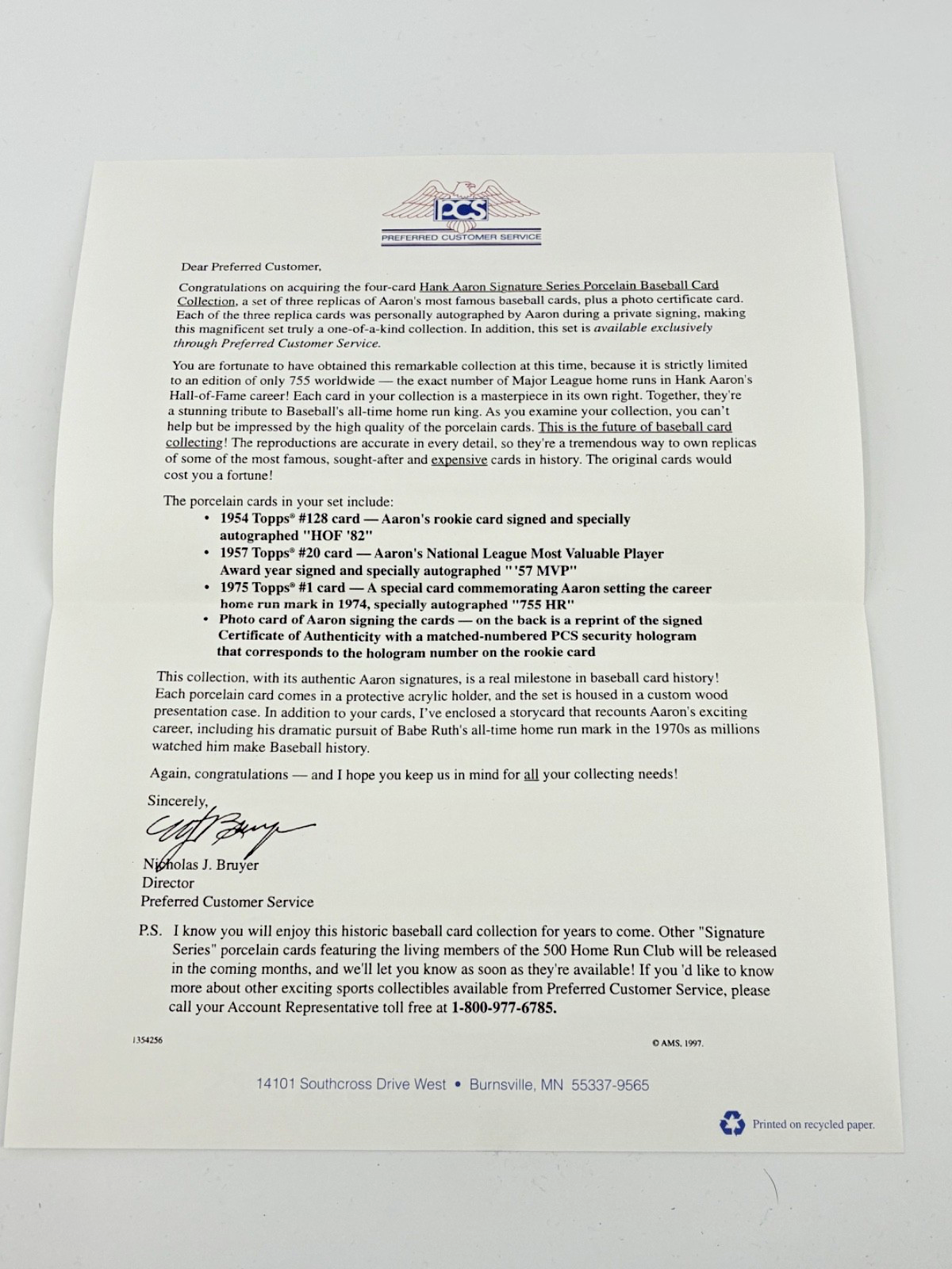 Hank Aaron Signature Series Porcelain Baseball Card Collection with COA Letter