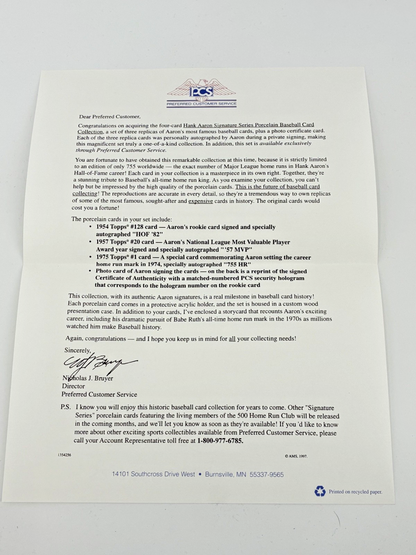 Hank Aaron Signature Series Porcelain Baseball Card Collection with COA Letter