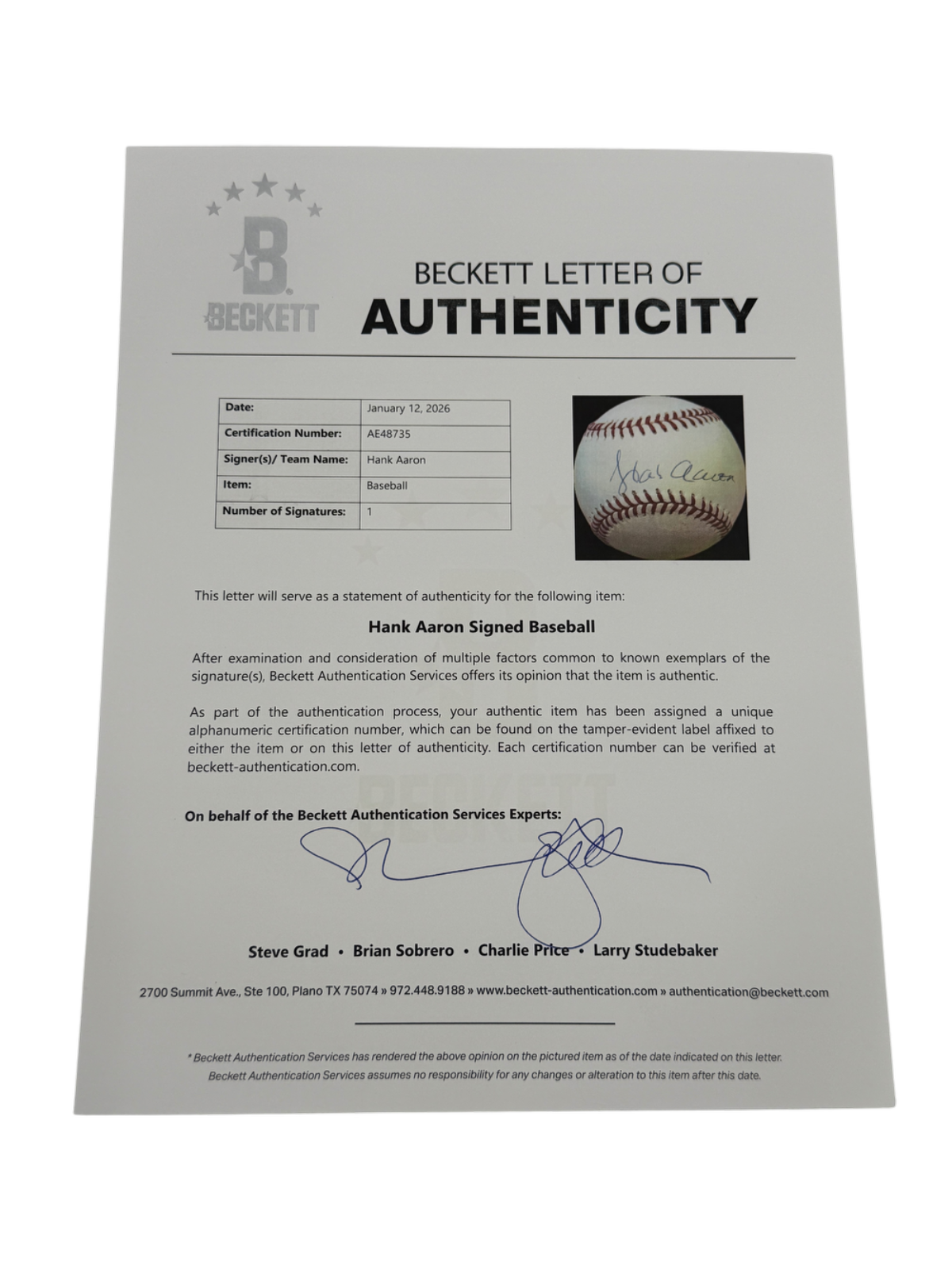 Hank Aaron Signed Autographed Baseball BAS COA