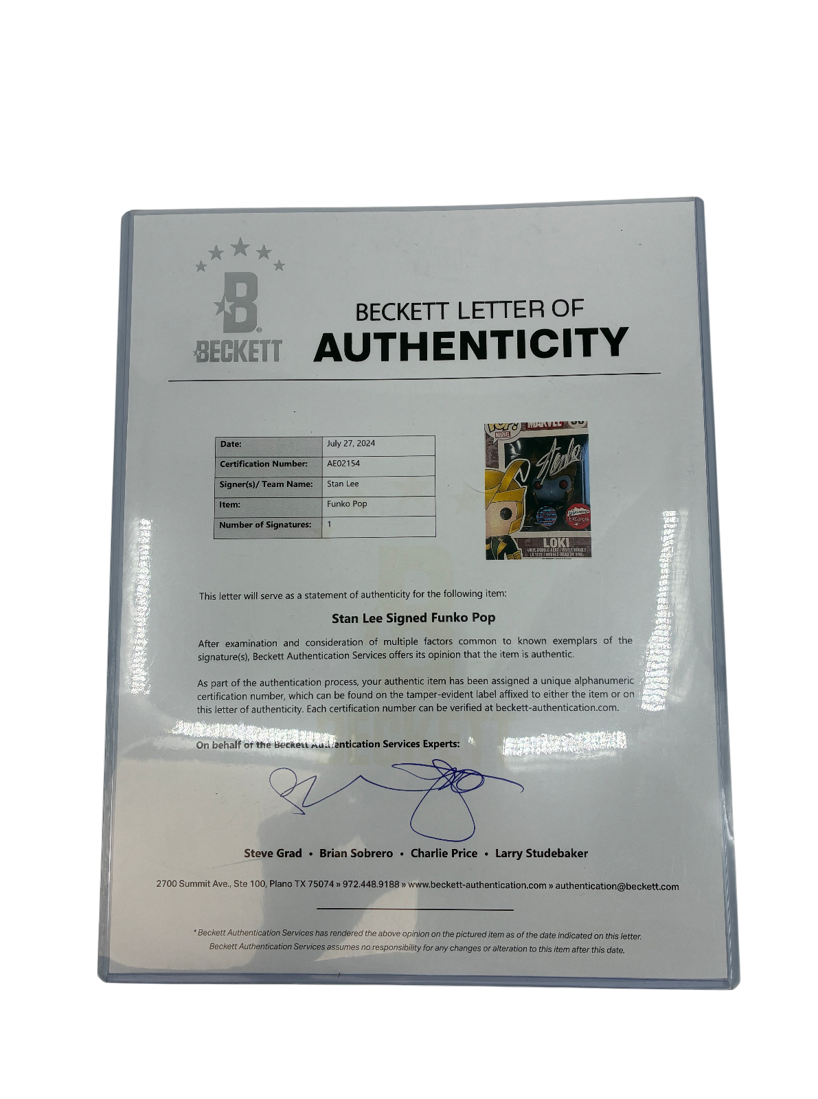 Stan Lee Signed Autographed Loki Marvel Funko Pop BAS COA