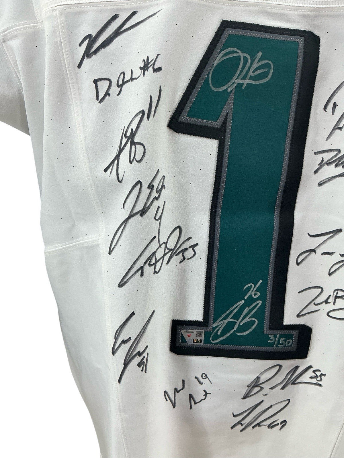 Eagles Super Bowl LIX Champs Signed Jalen Hurts Elite Jersey w/10 Autos - LE 50