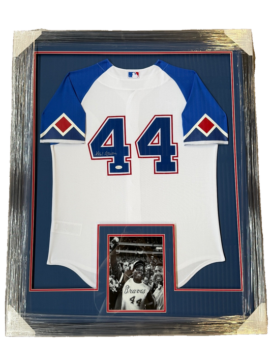 Hank Aaron Braves Autographed Signed Custom Framed Jersey JSA COA
