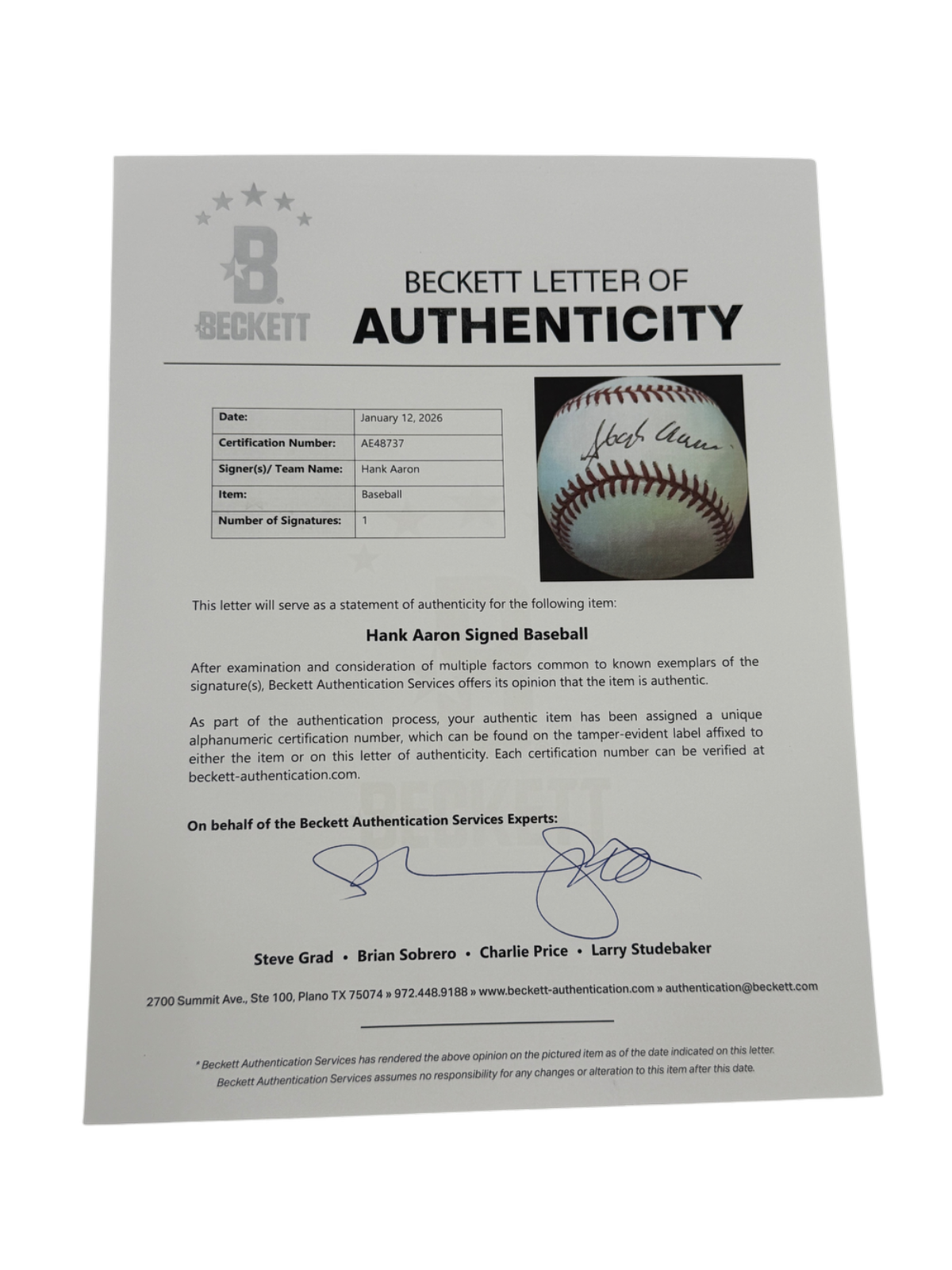 Hank Aaron Signed Autographed Baseball BAS COA