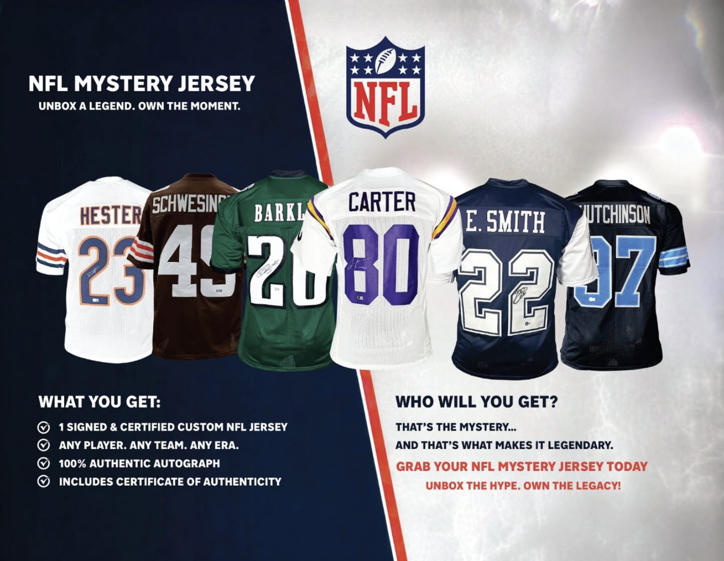 Signed Autographed NFL Custom Mystery Jersey with COA