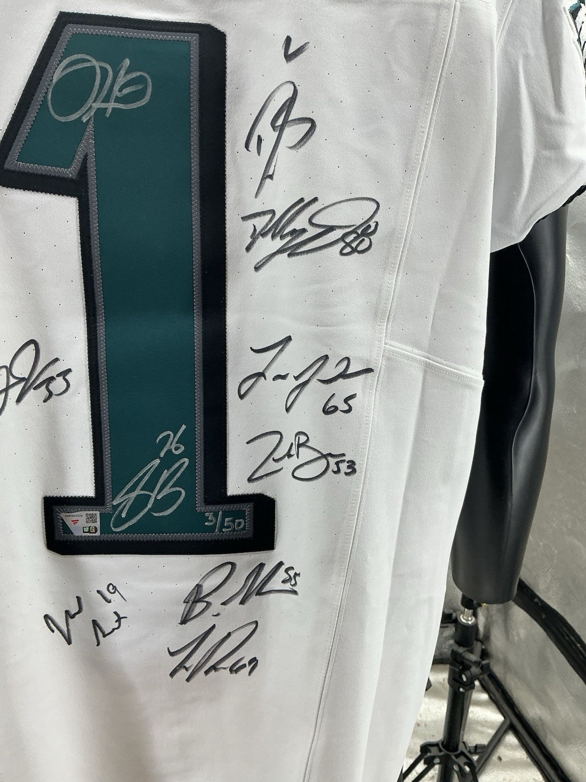 Eagles Super Bowl LIX Champs Signed Jalen Hurts Elite Jersey w/10 Autos - LE 50