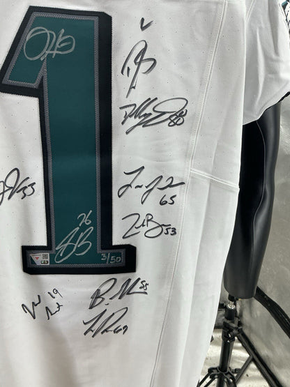 Eagles Super Bowl LIX Champs Signed Jalen Hurts Elite Jersey w/10 Autos - LE 50