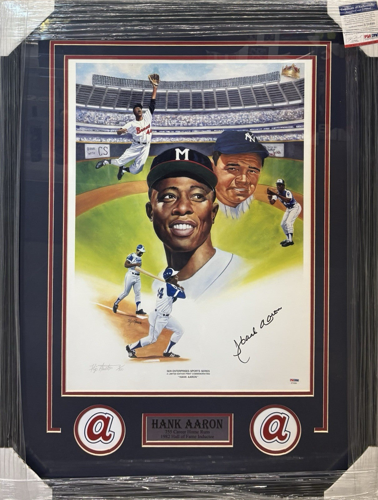Hank Aaron Signed Autographed Braves 16x20 Limited Print Custom Framed PSA COA