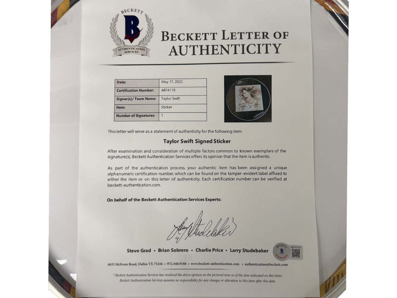 Taylor Swift Signed Autographed Fearless Drum Head Beckett COA