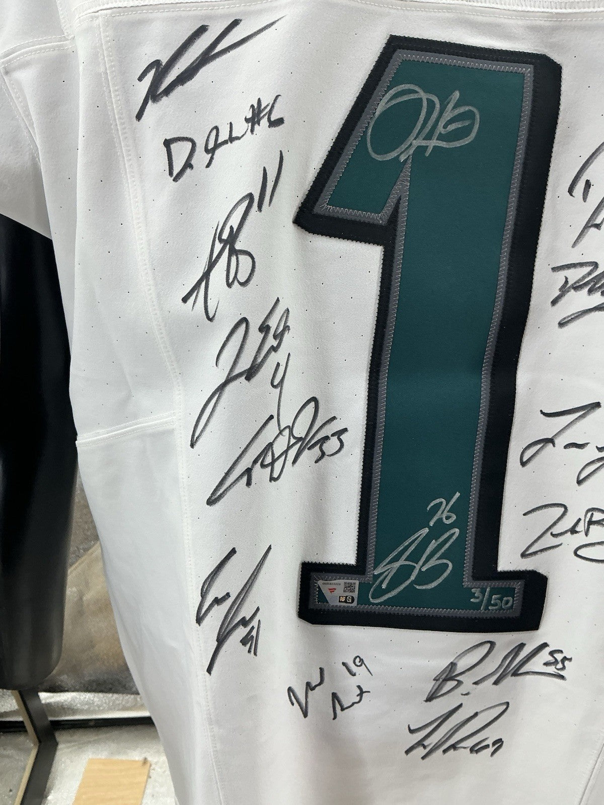 Eagles Super Bowl LIX Champs Signed Jalen Hurts Elite Jersey w/10 Autos - LE 50