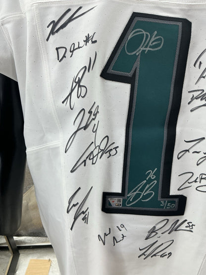 Eagles Super Bowl LIX Champs Signed Jalen Hurts Elite Jersey w/10 Autos - LE 50