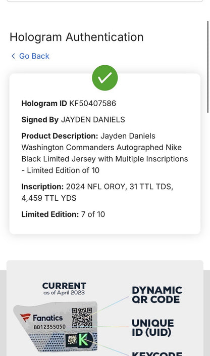 Jayden Daniels Washington Commanders Autographed Nike Black Game Jersey /10 