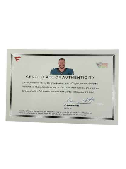 Carson Wentz Signed Autographed Game Used vs Giants 2019 QB Towel Fanatics