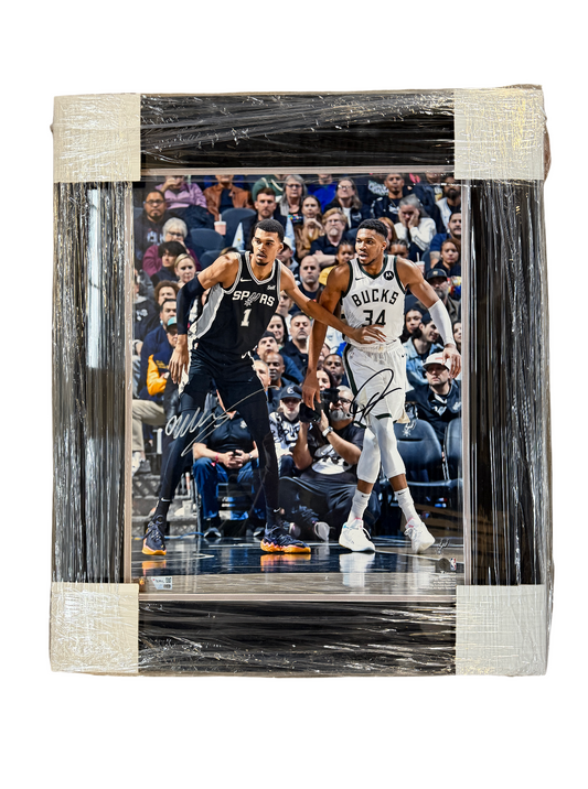 Wembanyama & Antetokounmpo Signed Autographed Spurs 16x20 Framed Photo Fanatics
