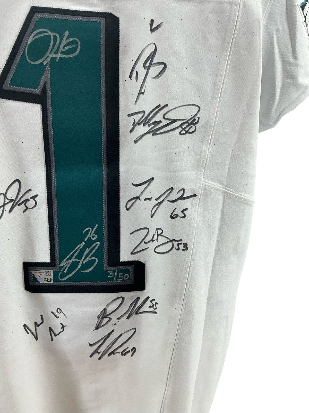 Eagles Super Bowl LIX Champs Signed Jalen Hurts Elite Jersey w/10 Autos - LE 50