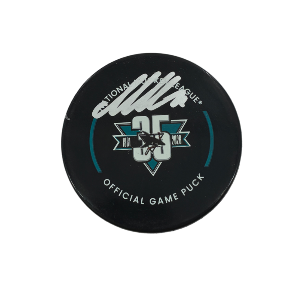 Macklin Celebrini Signed Autographed Sharks Hockey Puck 35th Fanatics COA