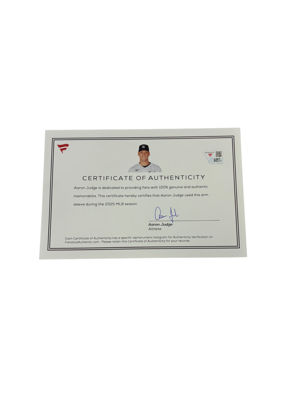 2024 Game Used Aaron Judge Jordan Arm Sleeve w/ Fanatics COA Signed by Judge