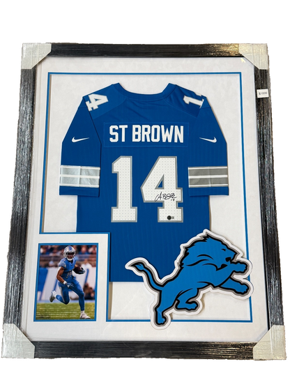Amon-Ra St. Brown Lions Custom Framed Jersey Beckett COA