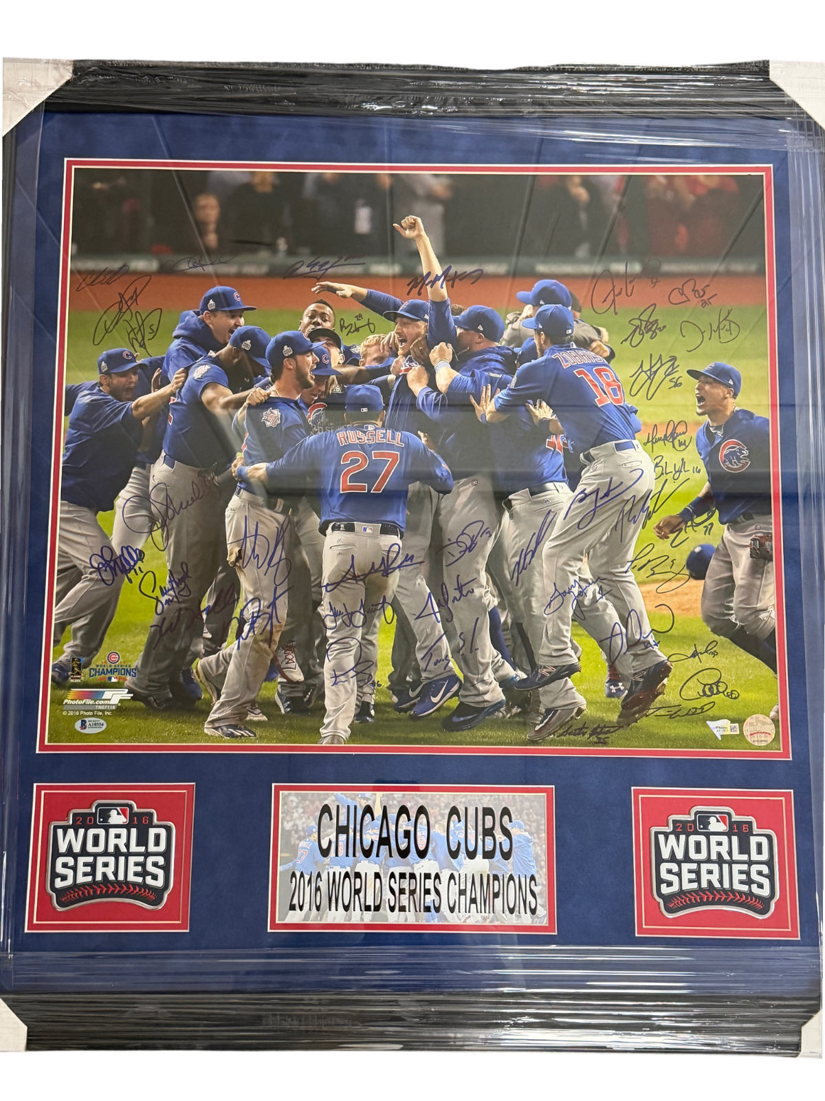 Cubs Team Signed 2016 World Series 16x20 Photo Custom Framed (35 Sigs) Fanatics