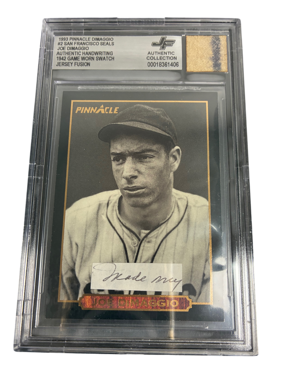 Joe DiMaggio Pinnacle 1993 Auto Seals Game Worn Swatch Jersey Fusion