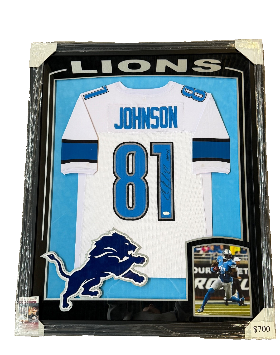 Calvin Johnson Autographed Signed Lions Custom Framed Jersey JSA COA
