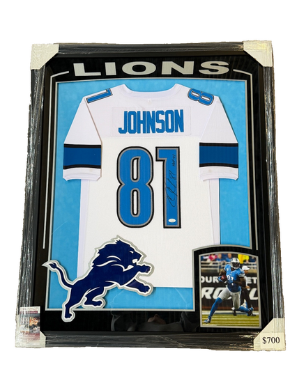 Calvin Johnson Autographed Signed Lions Custom Framed Jersey JSA COA
