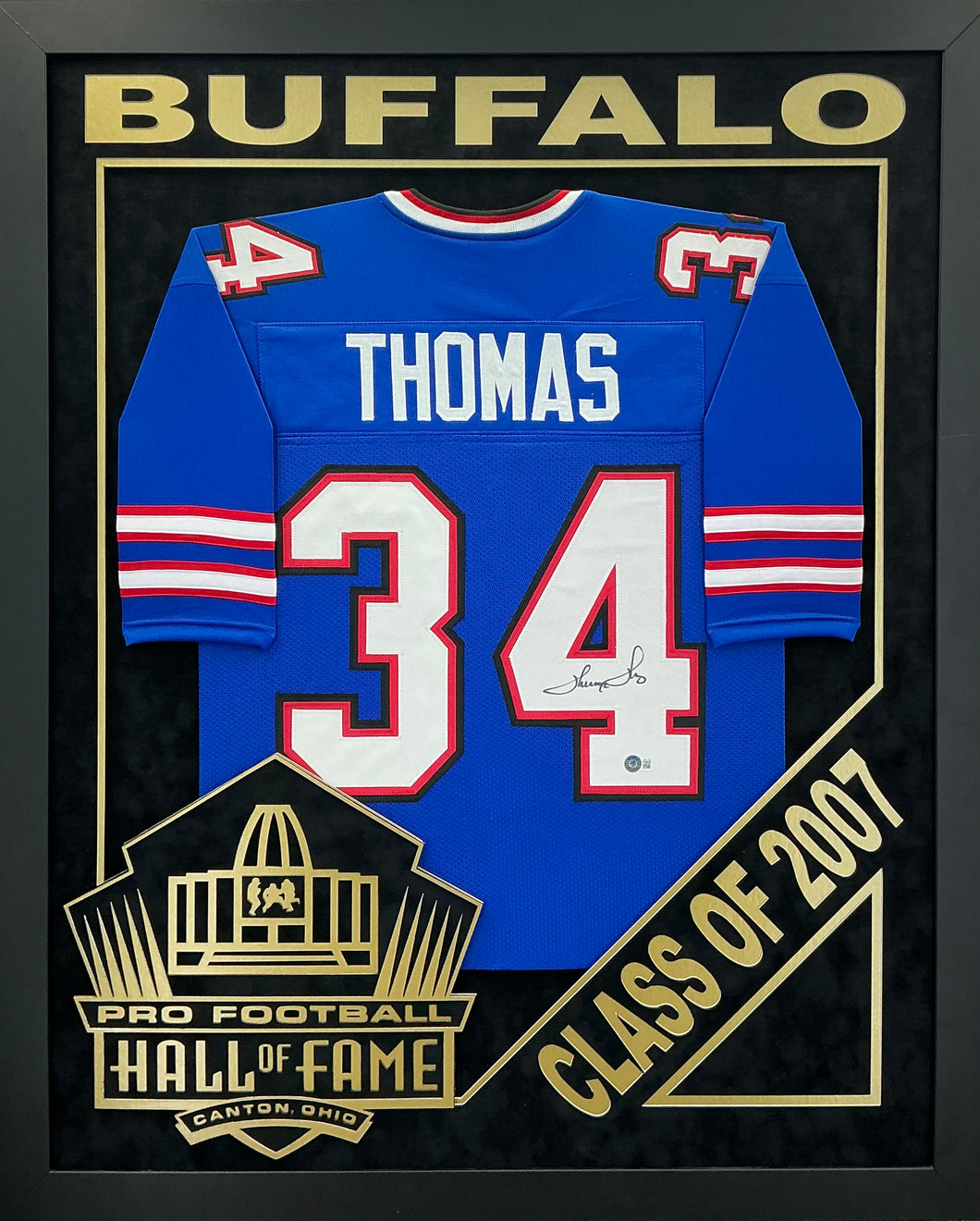 Thurman Thomas - EXCLUSIVE PRO FOOTBALL HALL OF FAME FRAMING XL 3D LOGO WITH DOUBLE SUEDE Beckett Coa