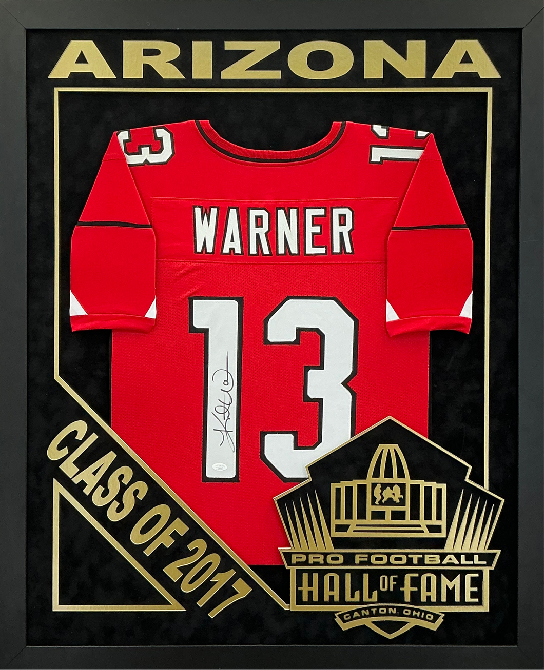 Kurt Warner - EXCLUSIVE PRO FOOTBALL HALL OF FAME FRAMING XL 3D LOGO WITH DOUBLE SUEDE JSA COA