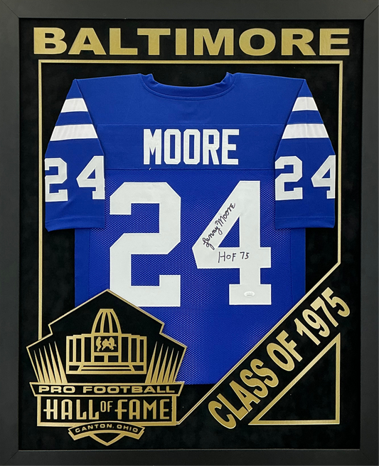 Lenny Moore - EXCLUSIVE PRO FOOTBALL HALL OF FAME FRAMING XL 3D LOGO WITH DOUBLE SUEDE JSA COA