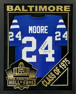 Lenny Moore - EXCLUSIVE PRO FOOTBALL HALL OF FAME FRAMING XL 3D LOGO WITH DOUBLE SUEDE JSA COA
