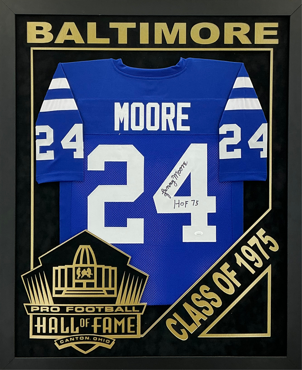 Lenny Moore - EXCLUSIVE PRO FOOTBALL HALL OF FAME FRAMING XL 3D LOGO WITH DOUBLE SUEDE JSA COA