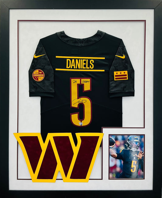 Washington Commanders Jayden Daniels Hand Signed Autographed Authentic Black Jersey With 24 OPOY Inscription Framed and Double Suede Matted with XL 3D Logo FANATICS COA