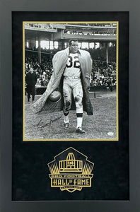 Jim Brown - EXCLUSIVE PRO FOOTBALL HALL OF FAME PHOTO FRAMING 3D LOGO WITH DOUBLE SUEDE JSA COA