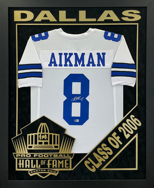 Troy Aikman - EXCLUSIVE PRO FOOTBALL HALL OF FAME FRAMING XL 3D LOGO WITH DOUBLE SUEDE Beckett Coa