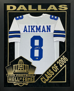 Troy Aikman - EXCLUSIVE PRO FOOTBALL HALL OF FAME FRAMING XL 3D LOGO WITH DOUBLE SUEDE Beckett Coa