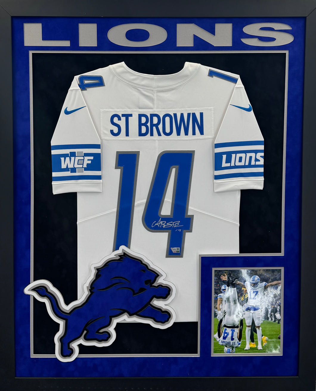 Amon-Ra St. Brown Signed Autographed Lions Nike Authentic White Jersey Custom Framed Fanatics COA
