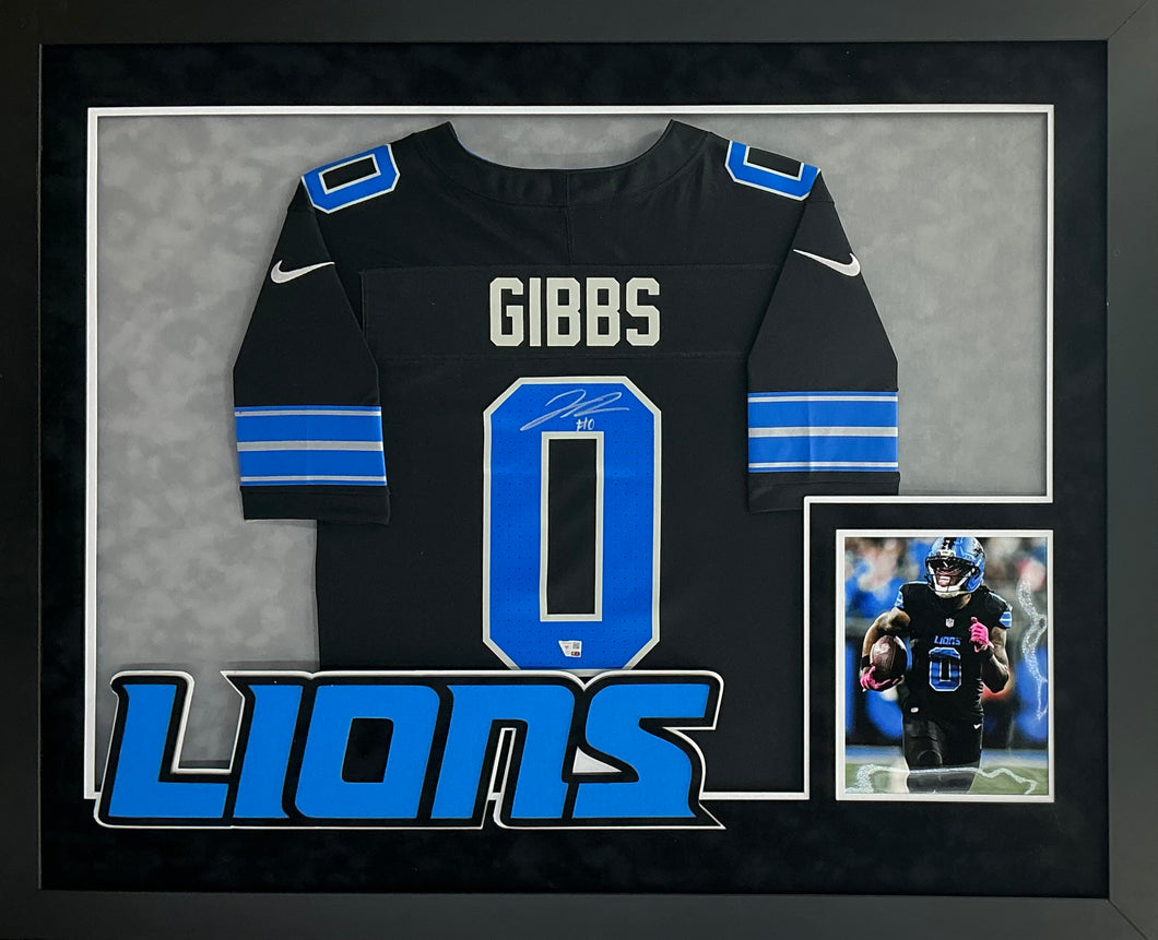 Jahmyr Gibbs Signed Autographed Lions Nike Limited Black Jersey Custom Framed Fanatics COA