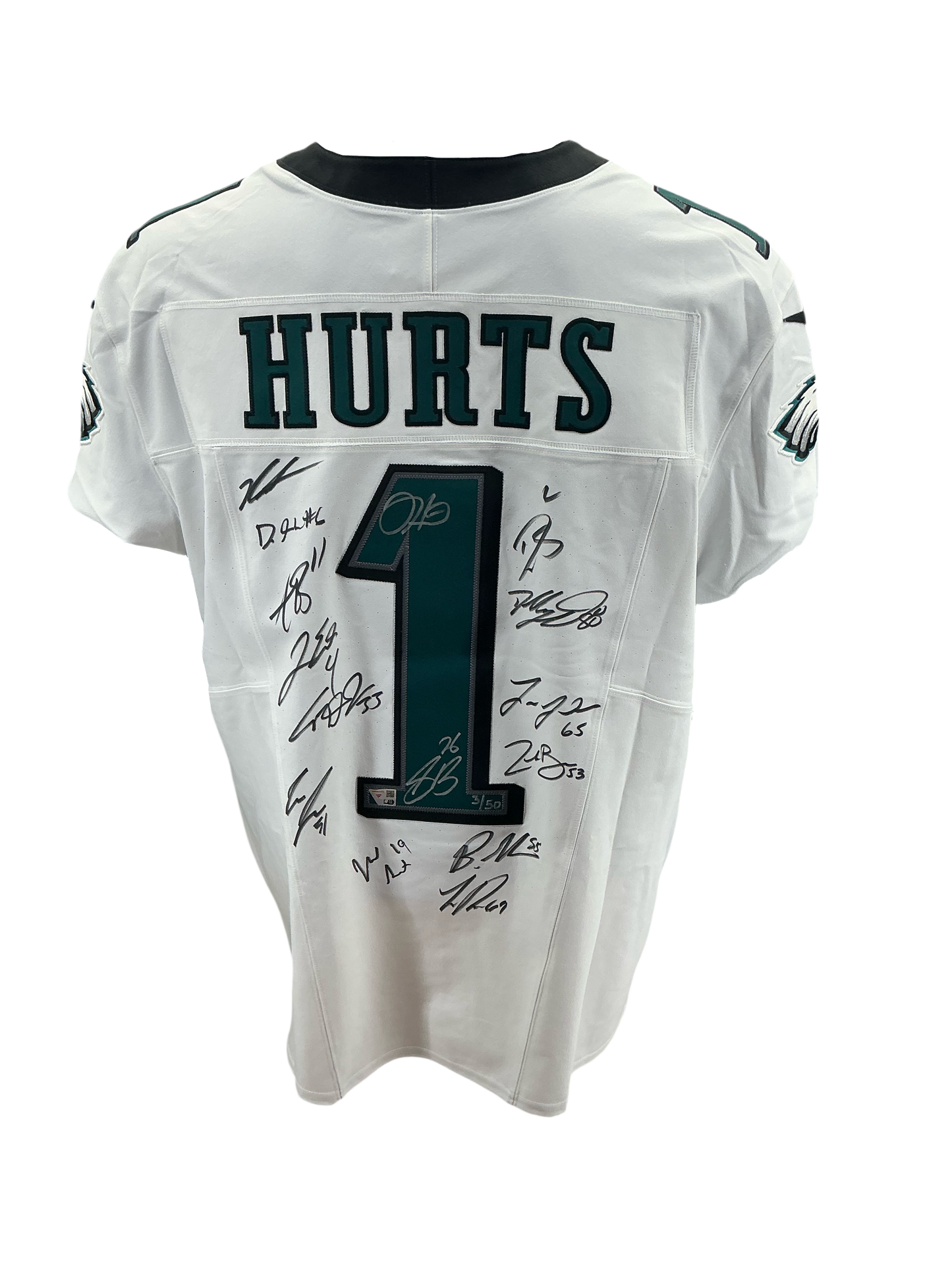 Eagles Super Bowl LIX Champs Signed Jalen Hurts Elite Jersey w/10 Autos - LE 50