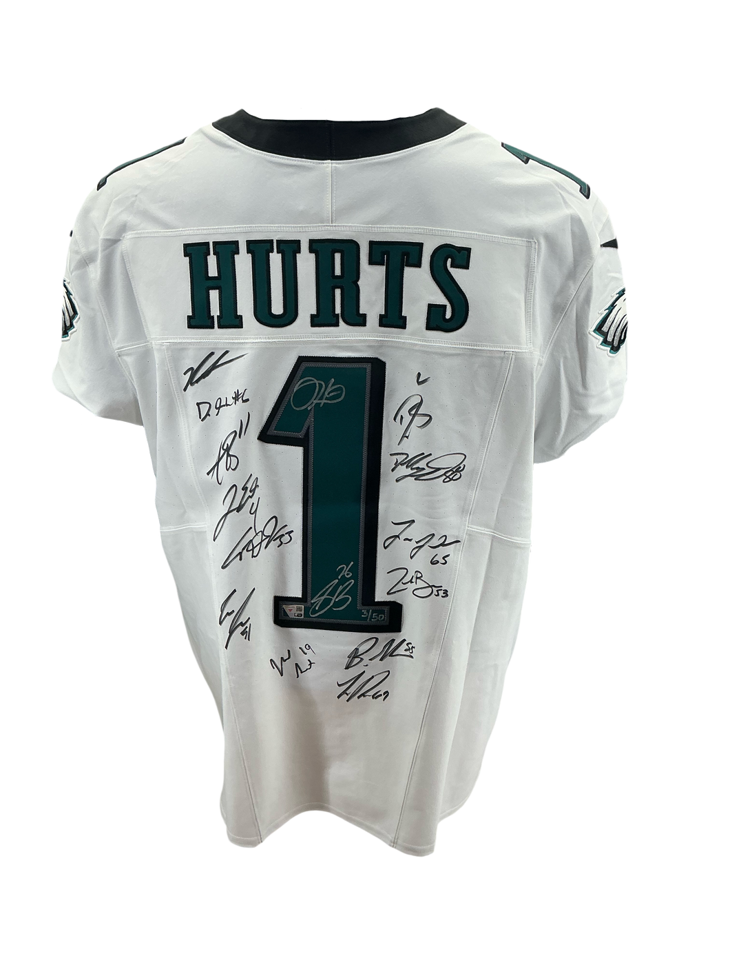 Eagles Super Bowl LIX Champs Signed Jalen Hurts Elite Jersey w/10 Autos - LE 50