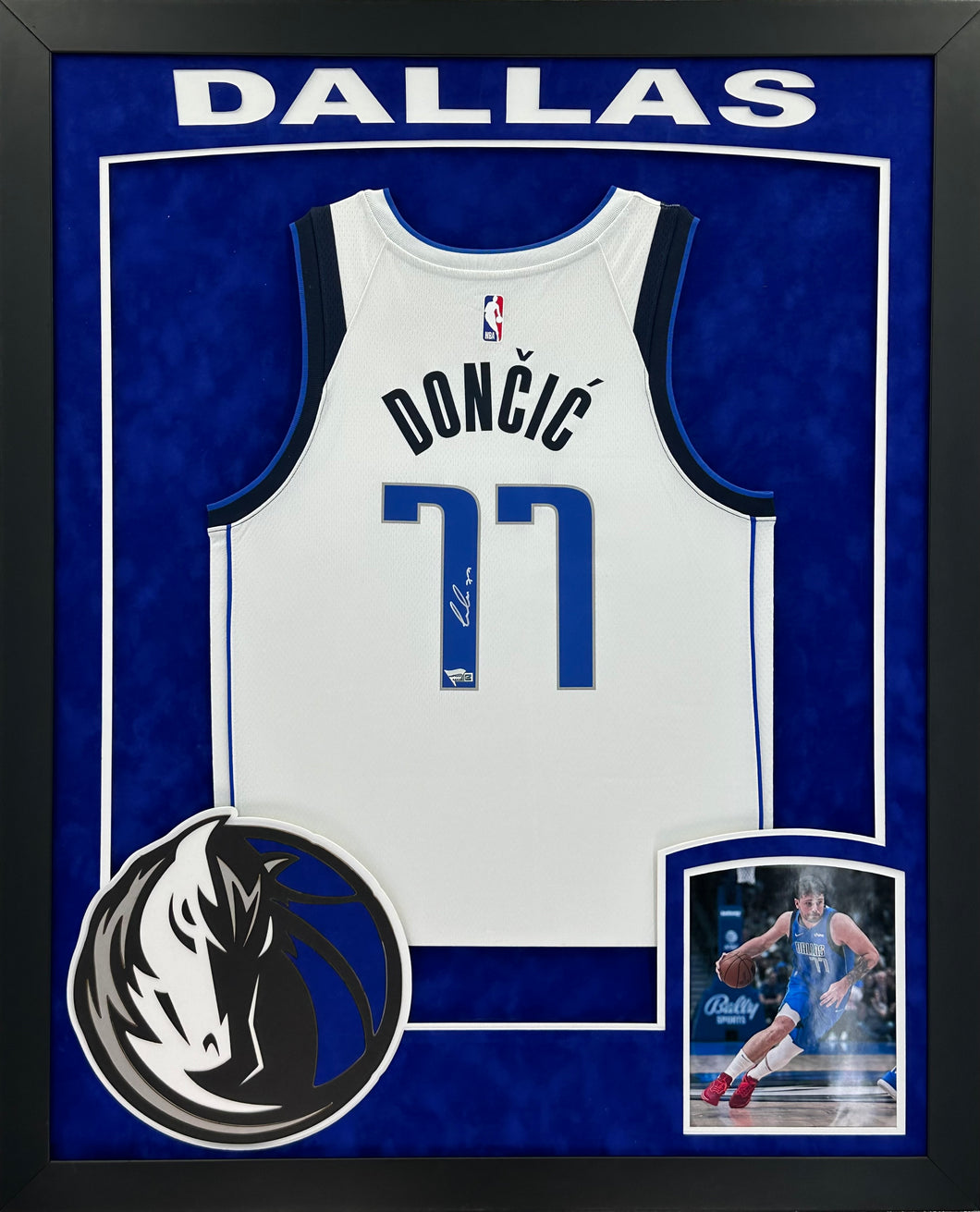 Dallas Mavericks Luka Doncic Hand Signed Autographed Authentic White Jersey Framed & Suede Matted with XL 3D Logo and Team Name Cutout with Fanatics COA