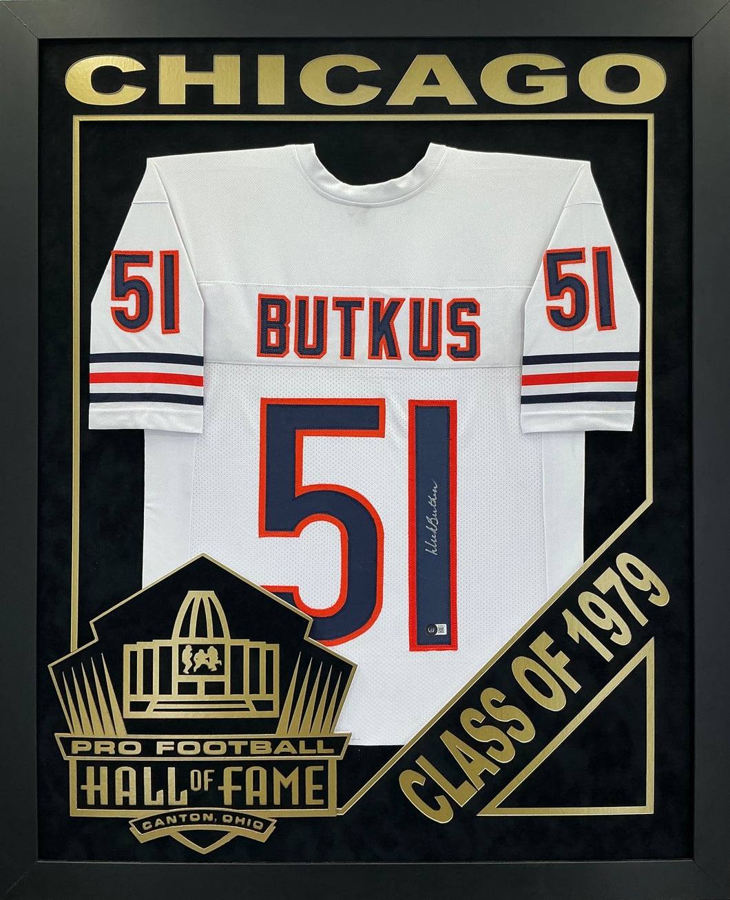Dick Butkus EXCLUSIVE PRO FOOTBALL HALL OF FAME FRAMING XL 3D LOGO WITH DOUBLE SUEDE Beckett Coa