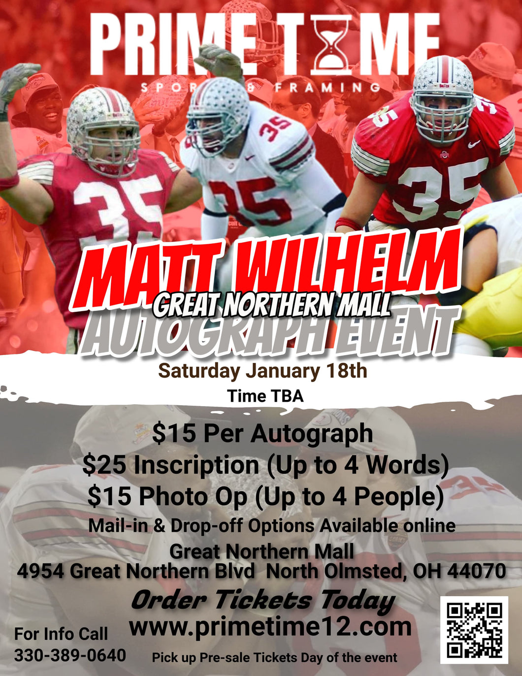 Matt Wilhelm 1/18/25 at Great Northern Mall Pre-Sale ticket for PHOTO OP to have your photo taken (up to 4 people at once) with the player