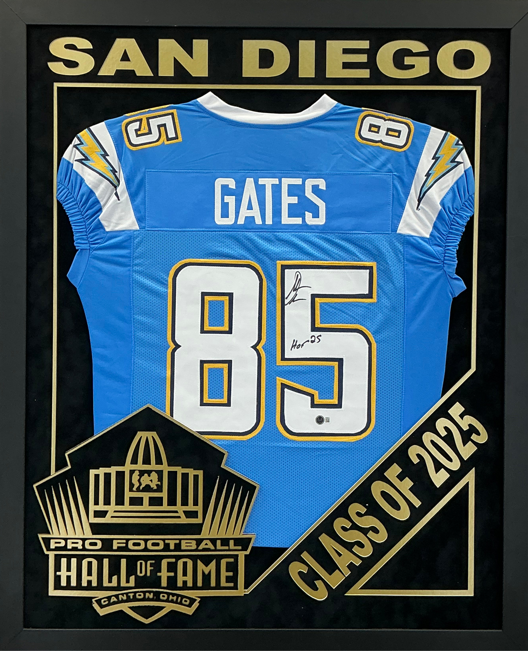 Antonio Gates - EXCLUSIVE PRO FOOTBALL HALL OF FAME FRAMING XL 3D LOGO WITH DOUBLE SUEDE Beckett Coa