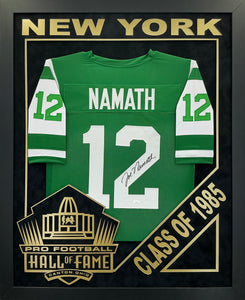 Joe Namath EXCLUSIVE PRO FOOTBALL HALL OF FAME FRAMING XL 3D LOGO WITH DOUBLE SUEDE JSA Coa
