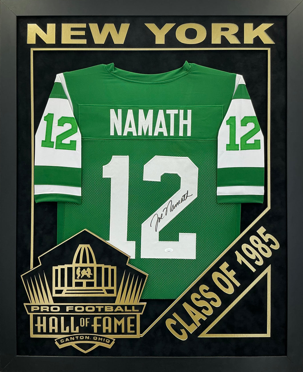 Joe Namath EXCLUSIVE PRO FOOTBALL HALL OF FAME FRAMING XL 3D LOGO WITH DOUBLE SUEDE JSA Coa